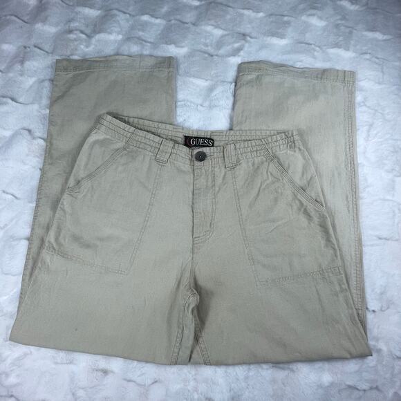 š5/$25 GUESS Linen Cotton Blend Wide Leg Relaxed Fit Mid Rise Khaki Pants 32 - Picture 4 of 16